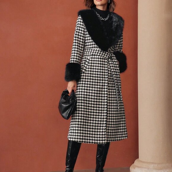 Black And White Elegant Women's Tweed Houndstooth Longline Overcoat - Picture 7 of 8